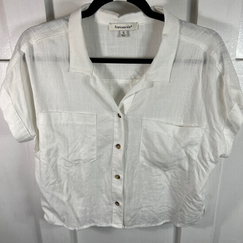 Francescas White Linen Blend Button Down Short Sleeve Shirt Small TFD61014